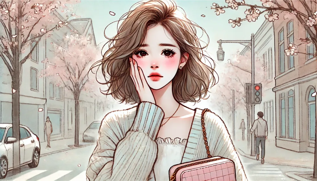 春風の中、肌荒れに悩む若い女性が頬に手を当て、切なげな表情をしているイラスト。桜が舞い、肌の赤みやヒリヒリ感を表す少女マンガ風の描写